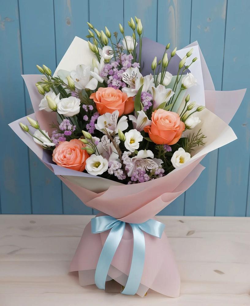 Букет цветов из: Лизиантусы, Розы, Альстромерии и Гипсофила в Замостье